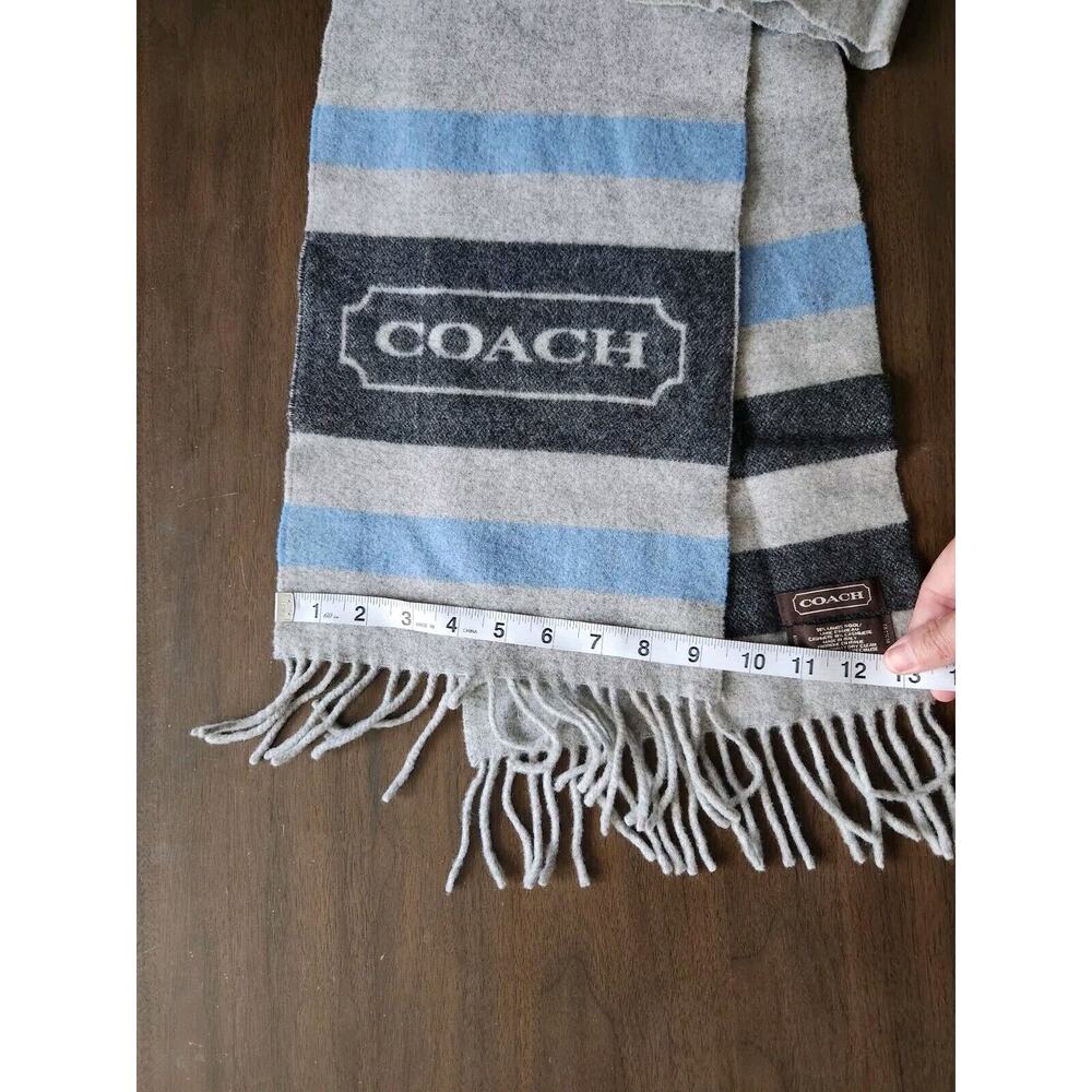 Coach Wool Cashmere blend scarf 9 1/2" w 59" long UNISEX BLUE GRAY STRIPED - Picture 3 of 5